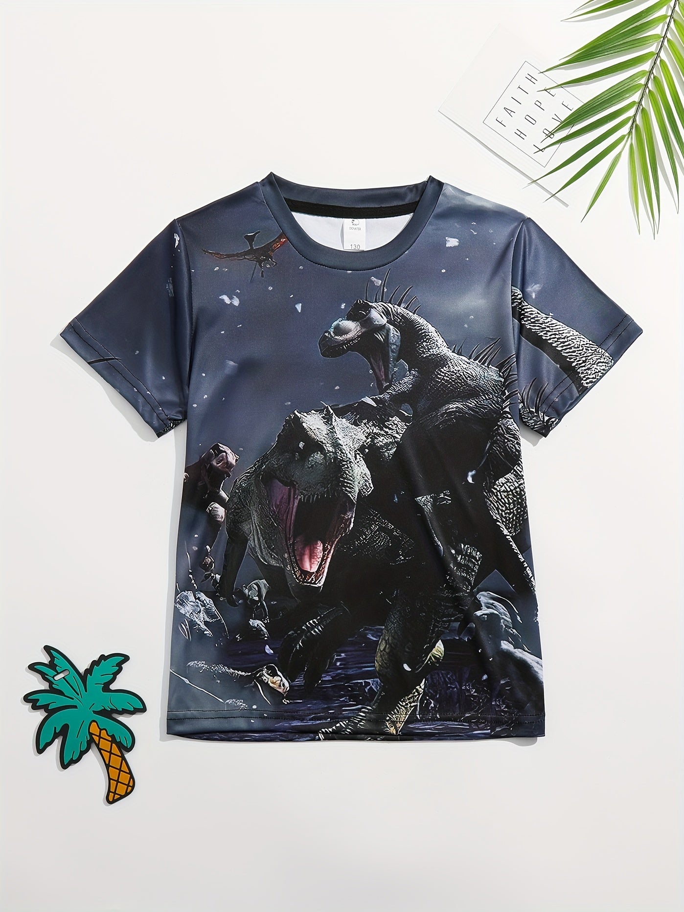 Boy's Dino Print T-shirt Active Stretch Short Sleeve Tee Kid's Clothing