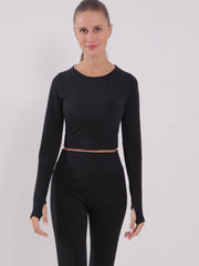 2pcs Long Sleeve Crop Top & High Waist Leggings Set Women's Activewear