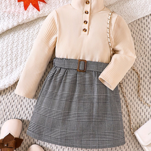 Girl's Ribbed Turtleneck Top & Plaid Belted Skirt Set Casual Outfits