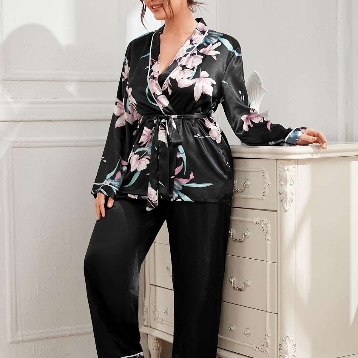  Satin Floral Print Pajama Set Women's Plus Loungewear 2pcs