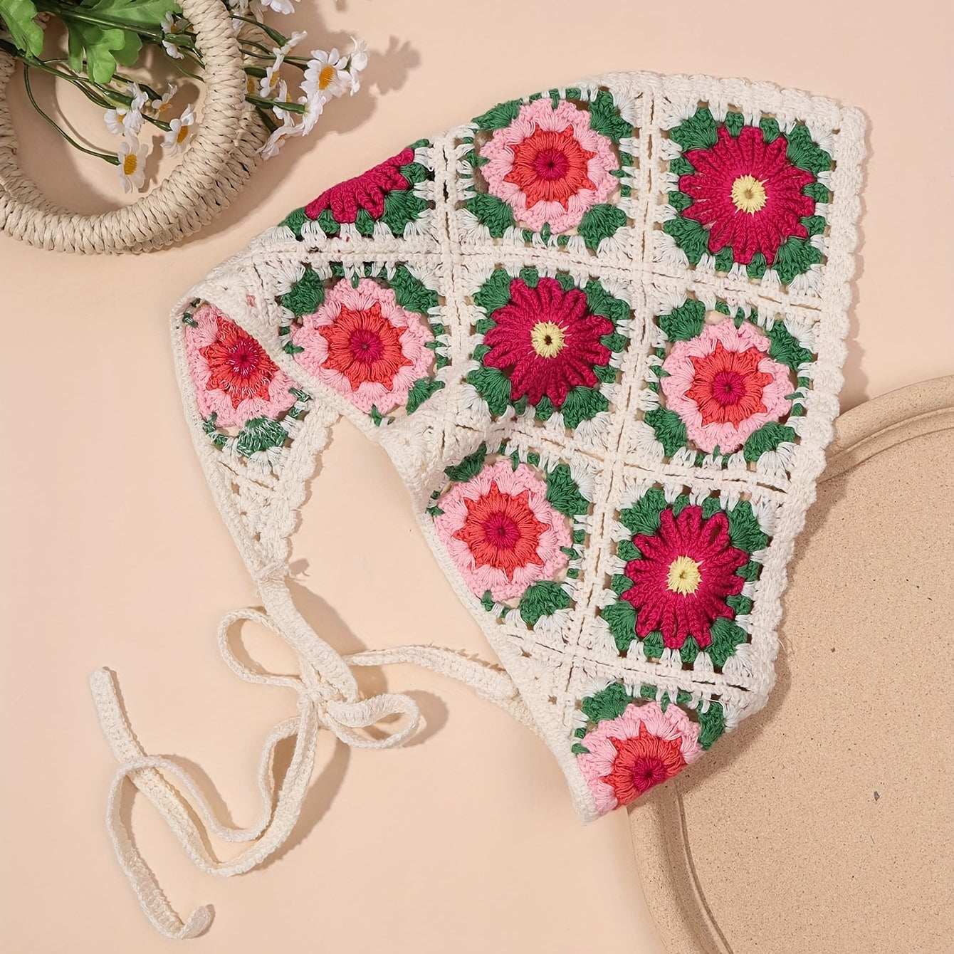 Women Floral Crochet Boho Kerchief Bandana Flower Hair Band