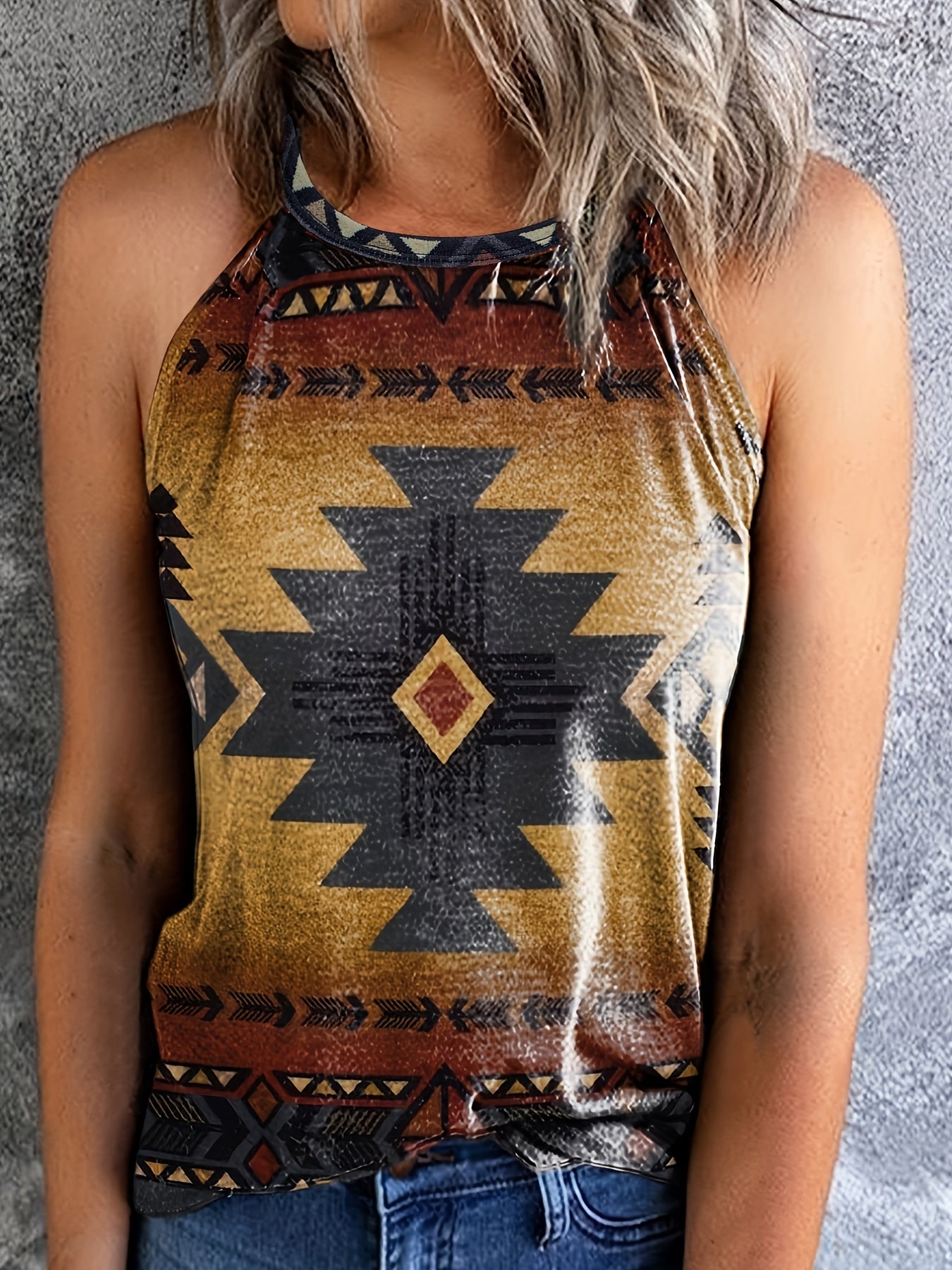  Southwestern Print Tank Top Round Neck Casual Slight Stretch