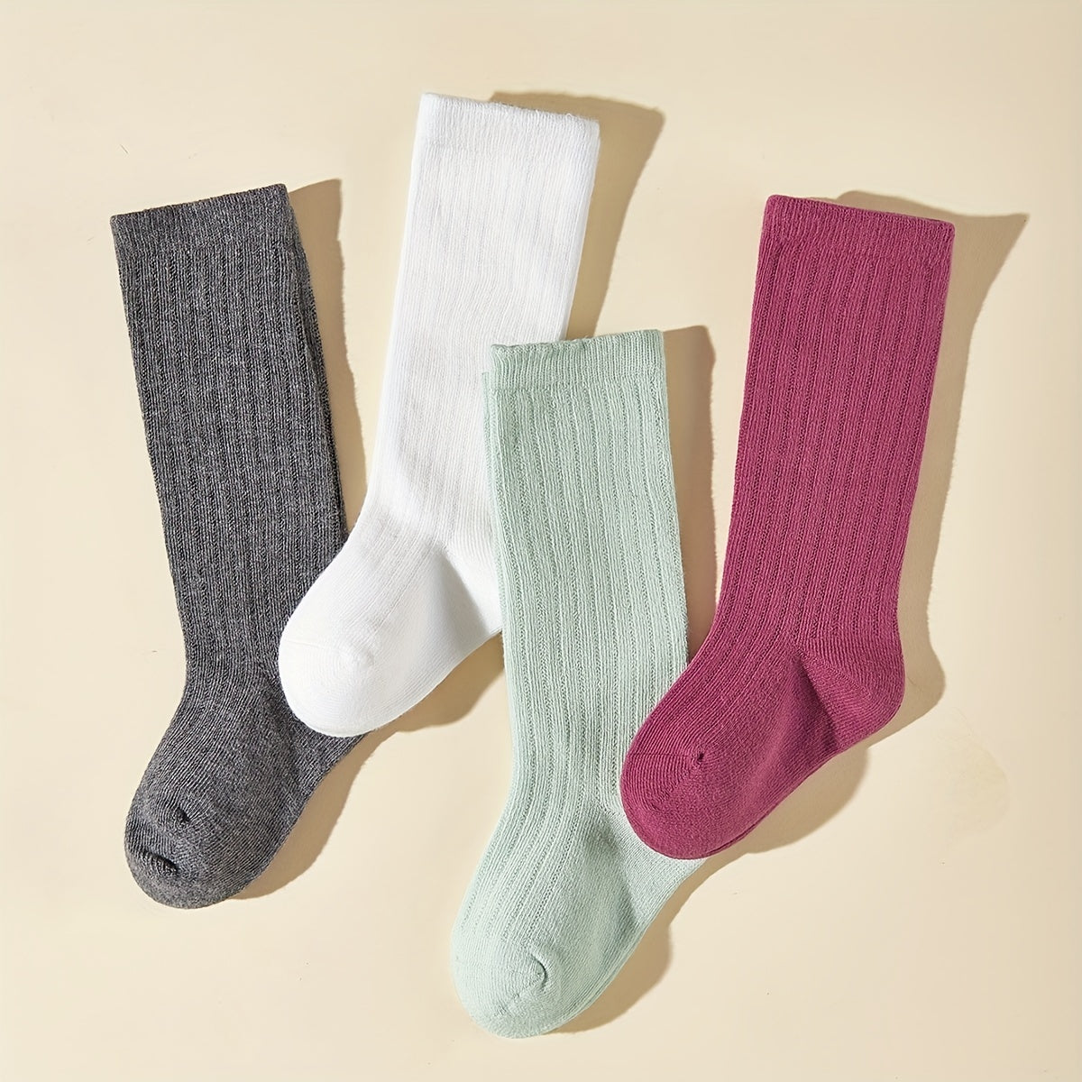 4 Pairs Kids Solid & Striped Knee High Socks for Soccer Football