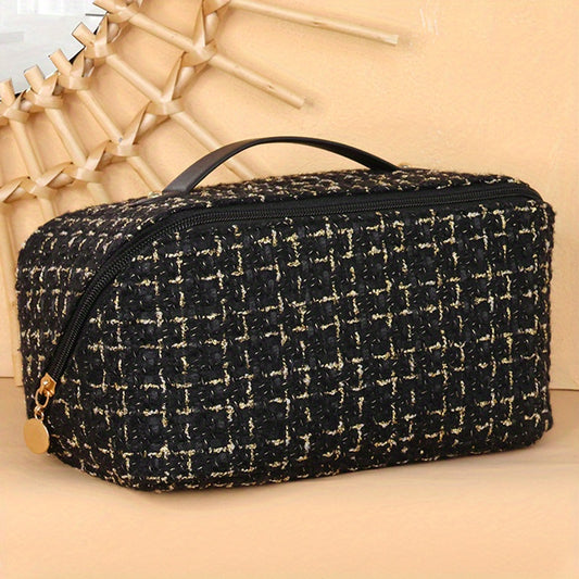 Plaid Pattern Cosmetic Bag, Large Capacity Travel Makeup Bag, Flat Lay Organizer