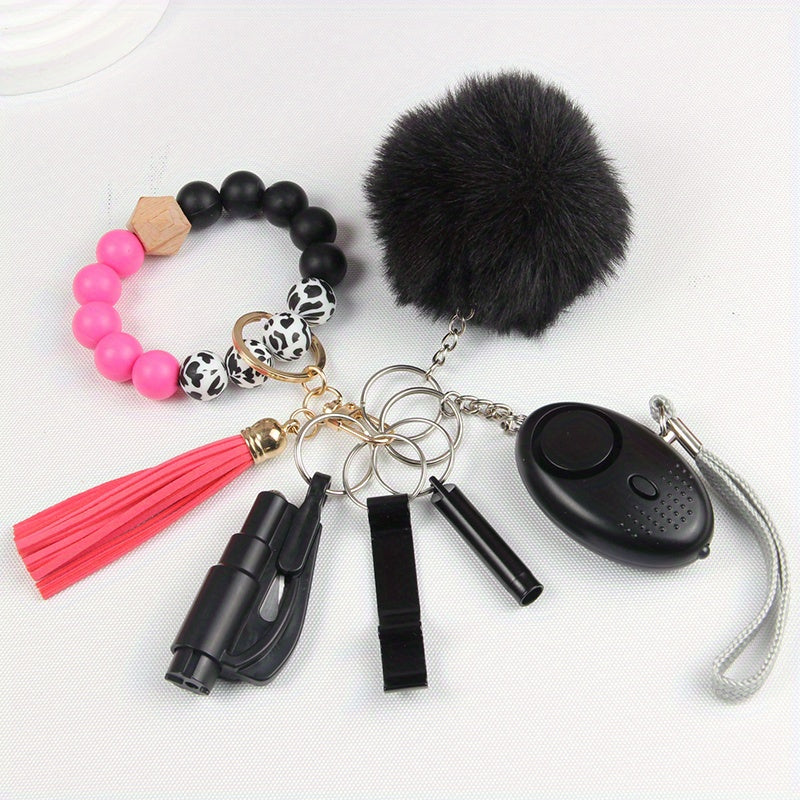 7Pcs Women's Safety Keychain Set Alarm Bracelet Tassel Pompom Breaker