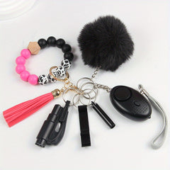 7Pcs Women's Safety Keychain Set Alarm Bracelet Tassel Pompom Breaker