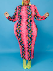  Women's Snake Print Bodycon Midi Dress