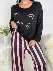 Women's Plus Cat Print Top & Striped Pants Pajama Set