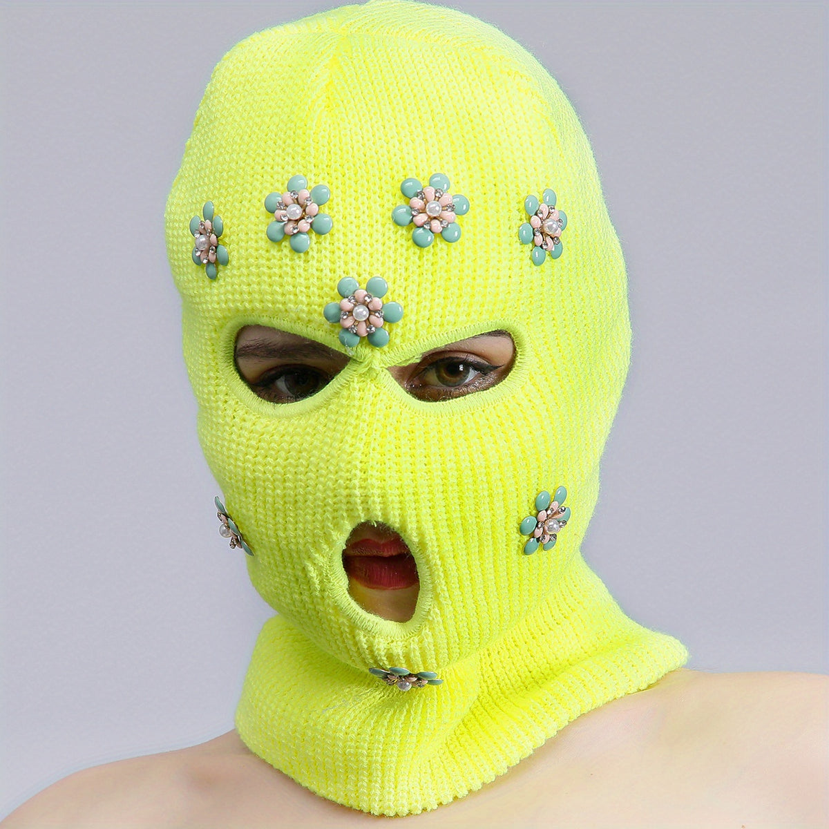 Green Rhinestone Flower Balaclava Y2K Ski Mask