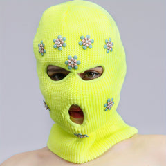 Green Rhinestone Flower Balaclava Y2K Ski Mask