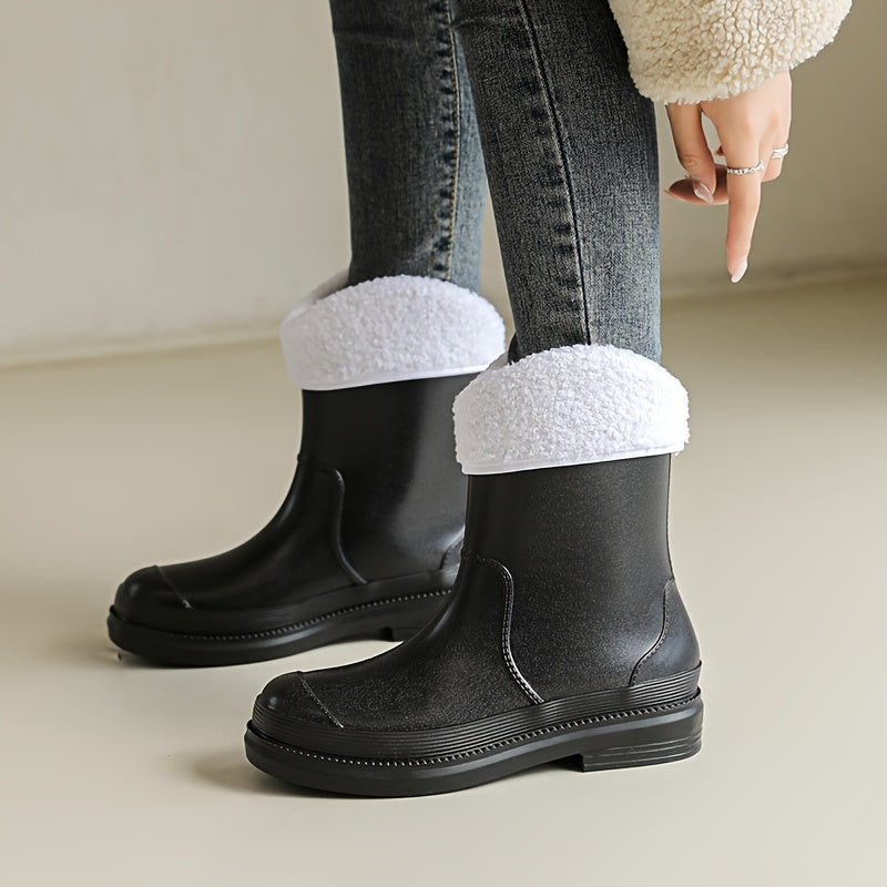 Versatile Waterproof Rain Boots Women's Medium Calf Non slip Warm Rainy Boots
