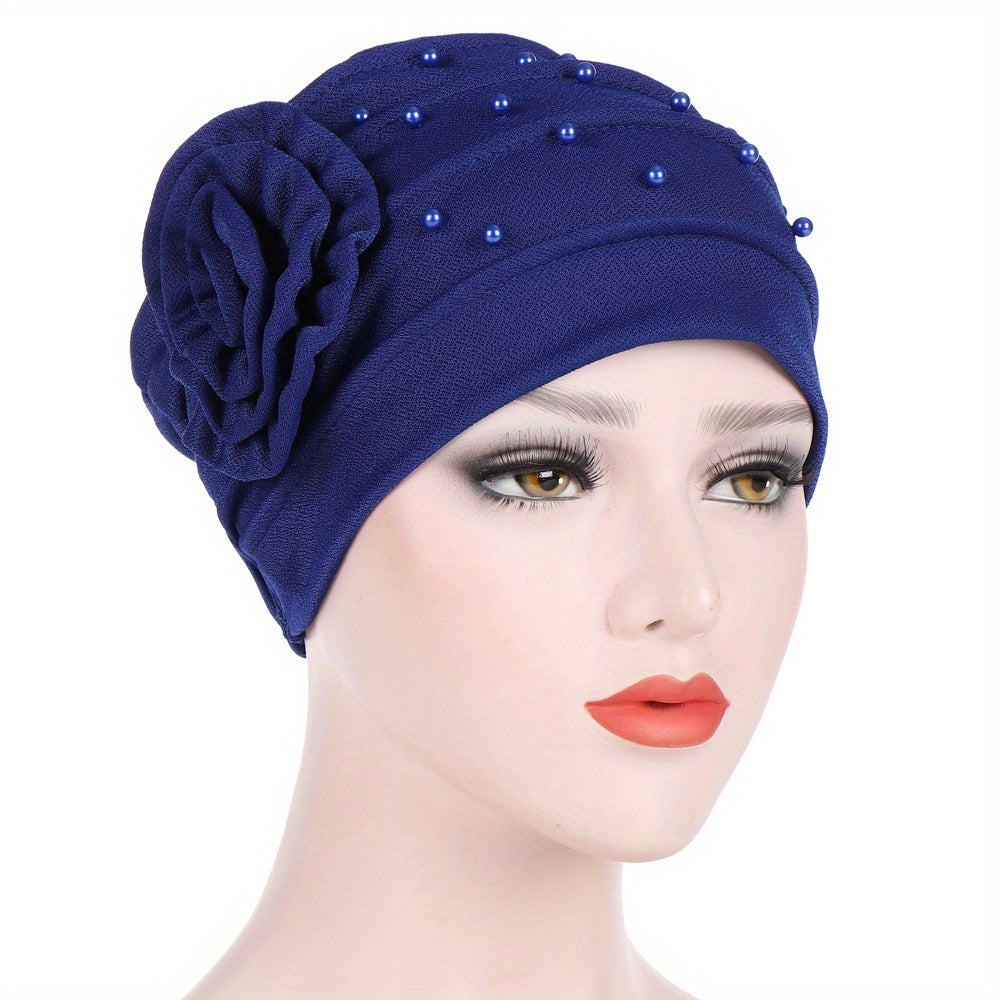 Beaded Turban Cap Solid Pleated Head Wraps Classic Elastic Hijab