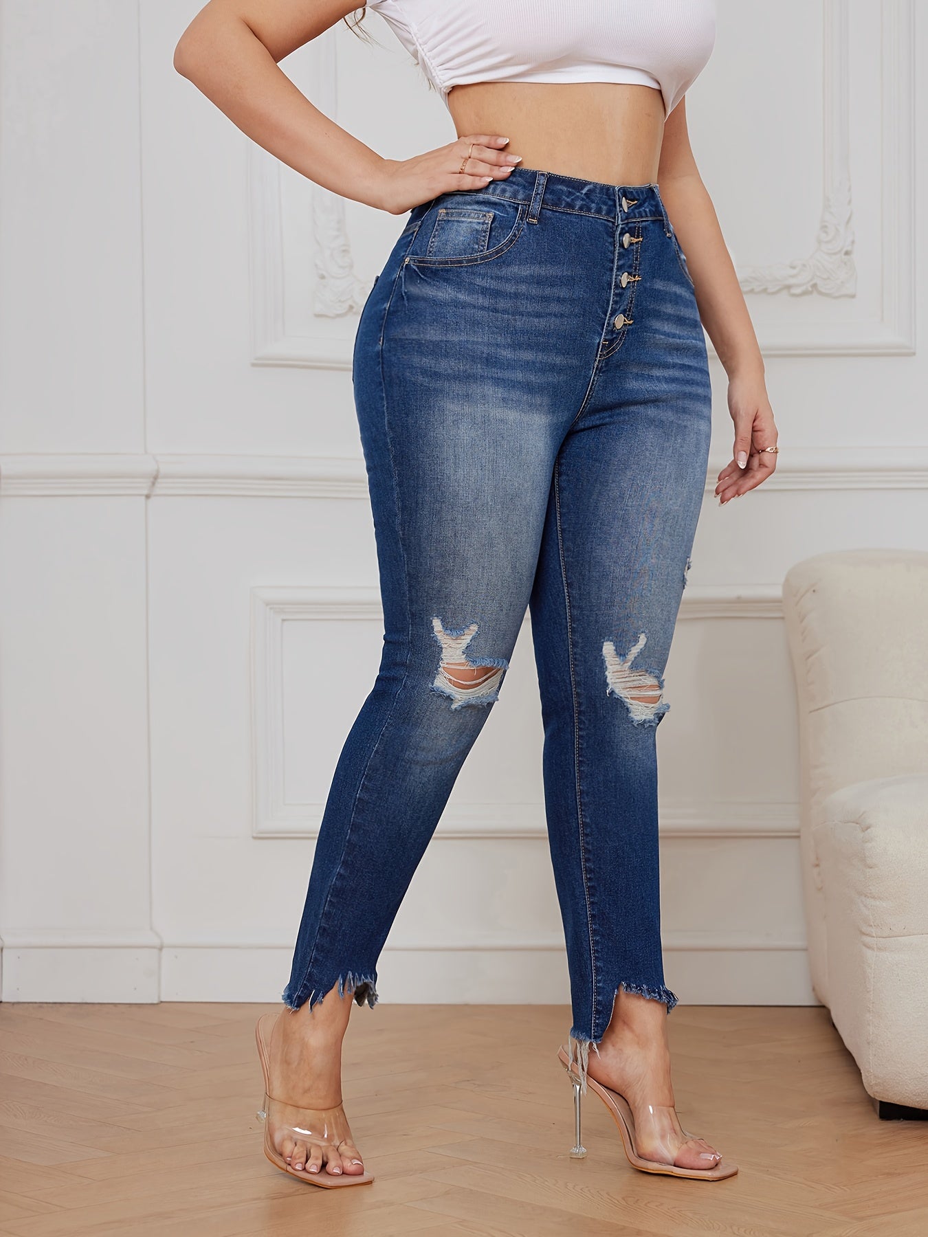  Ripped Button Fly High Rise Jeans