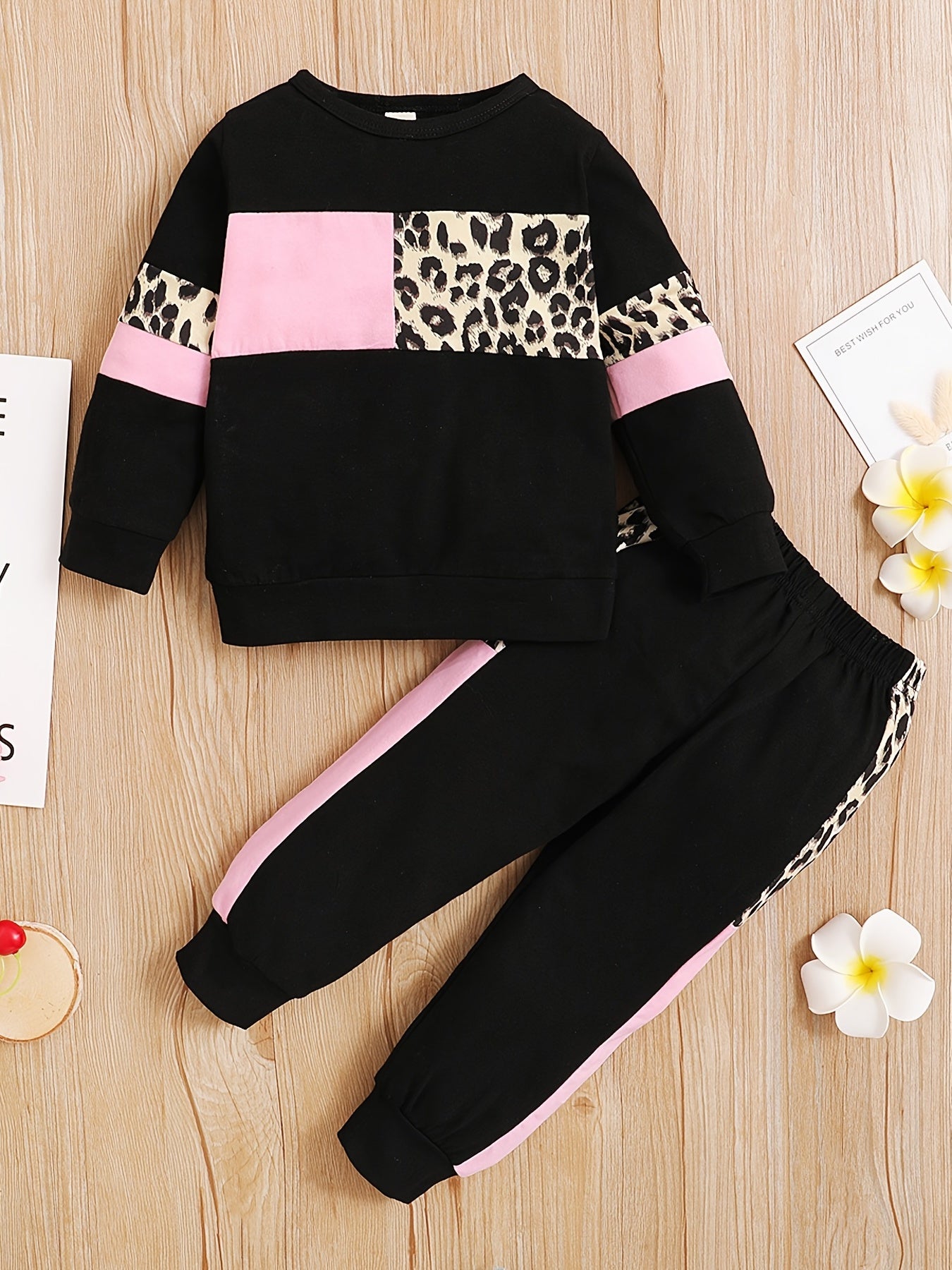 2pcs Baby Girls Leopard Print Sweatshirt & Pant Set