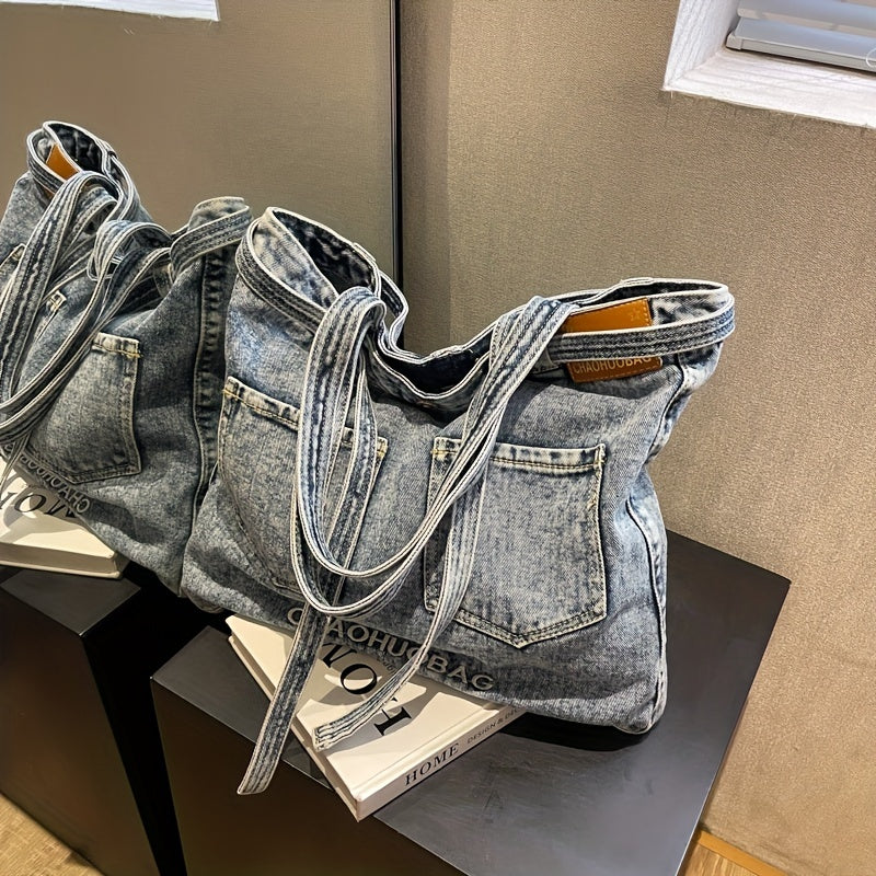 Denim Tote Bag Large Capacity Handbag Double Handle Shopping Shoulder Bag