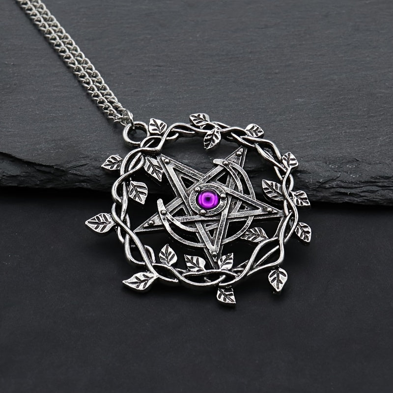 Vintage Pentagram Leaf Purple Gemstone Pendant Necklace