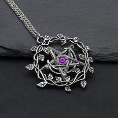 Vintage Pentagram Leaf Purple Gemstone Pendant Necklace