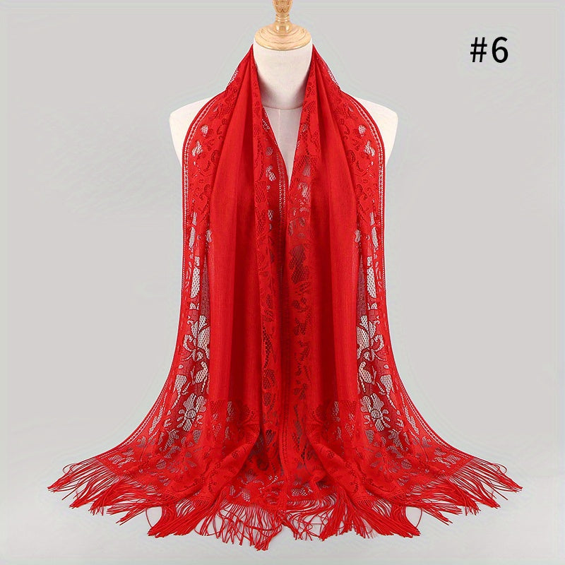 Tassel Lace Shawl Solid Flower Hollow Scarf Hijab Women Wrap