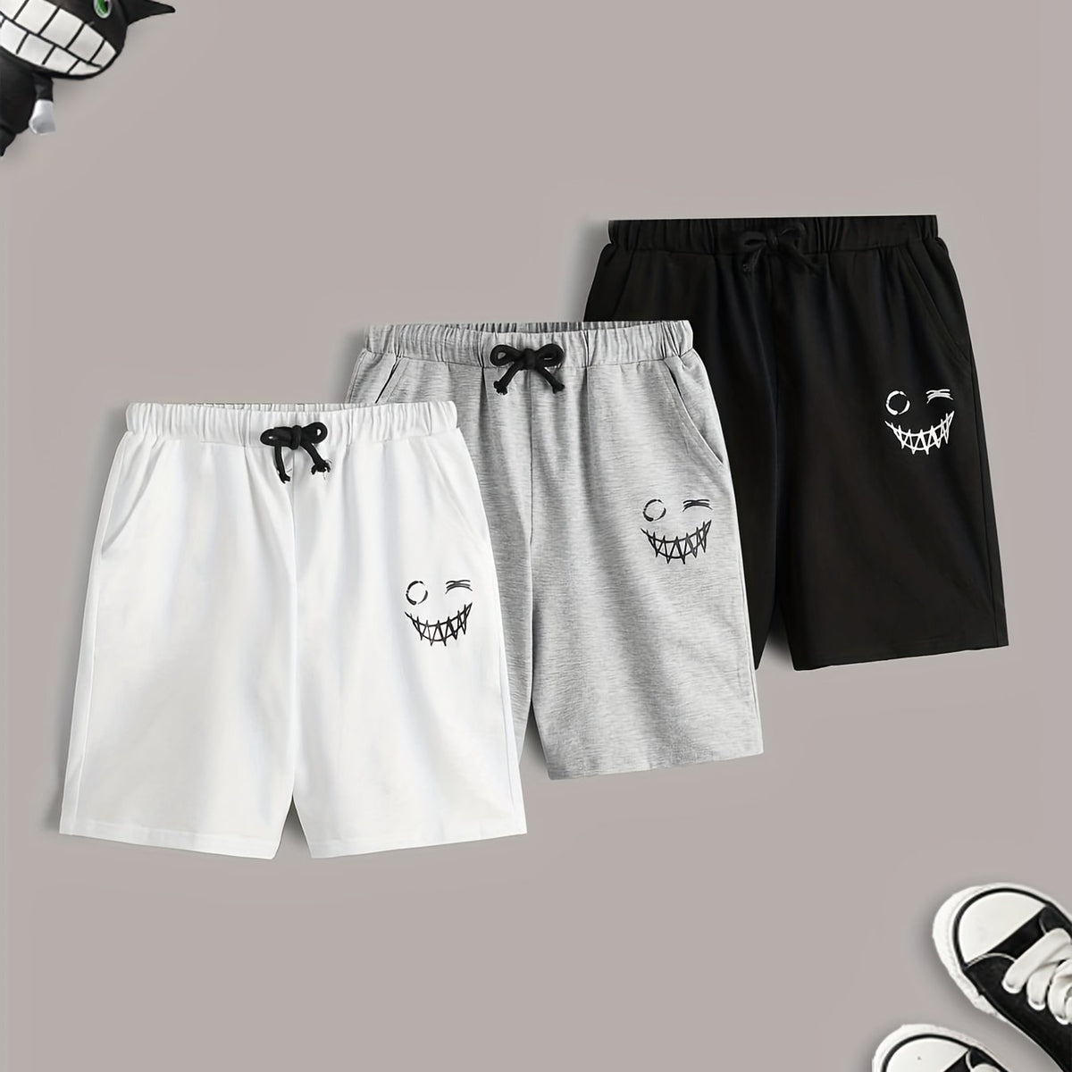 3pcs Smiling Print Boys Quick Drying Shorts for Summer Outdoor