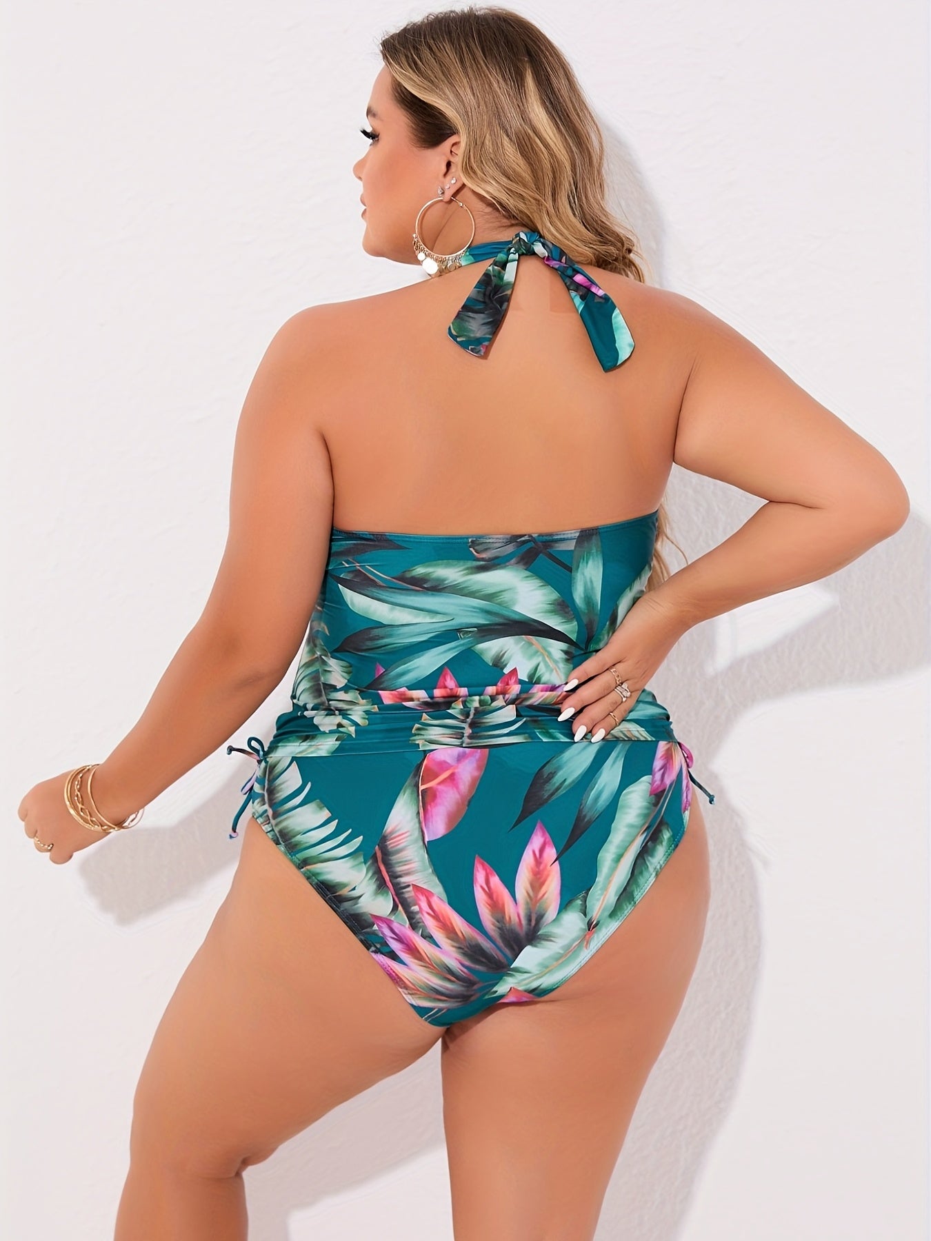  Tropical Print Halter Neck Swimsuit Set