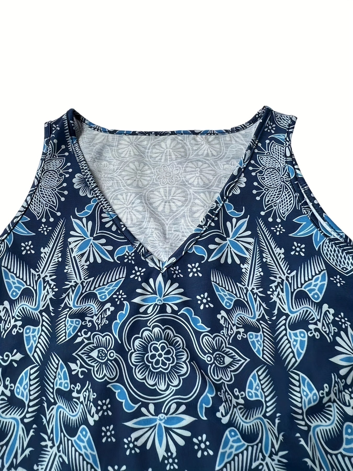 Vintage Ethnic Floral Print Tank Top V Neck Sleeveless Summer Top