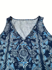 Vintage Ethnic Floral Print Tank Top V Neck Sleeveless Summer Top