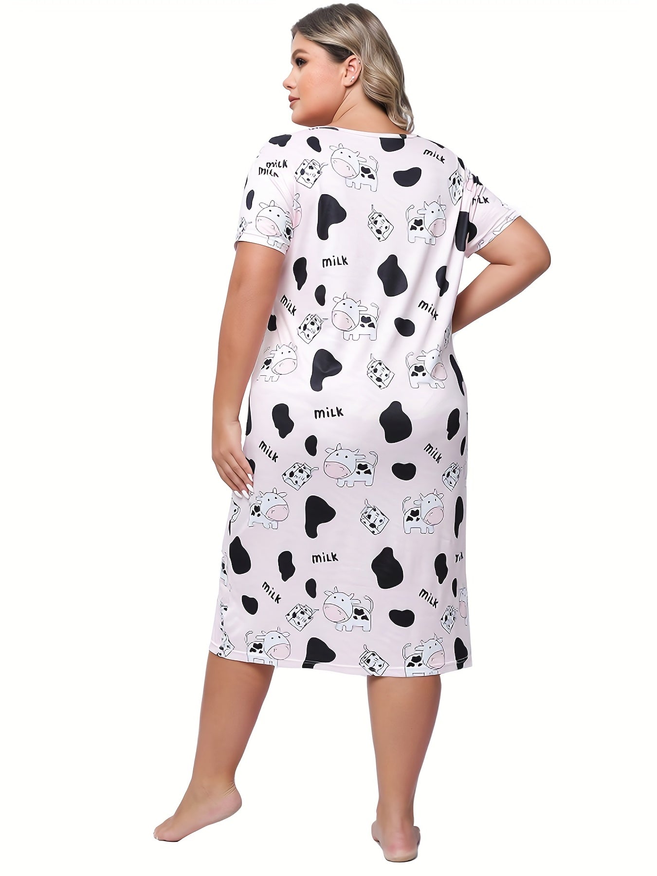 Women's Plus Cow Print Short Sleeve Round Neck High Stretch Sleep Dress