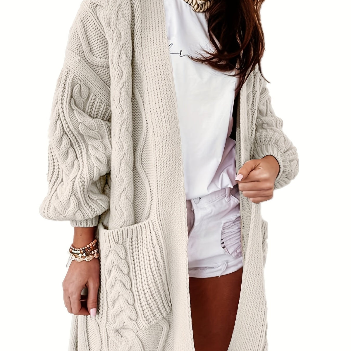  Solid Cable Knit Long Sleeve Open Front Cardigan