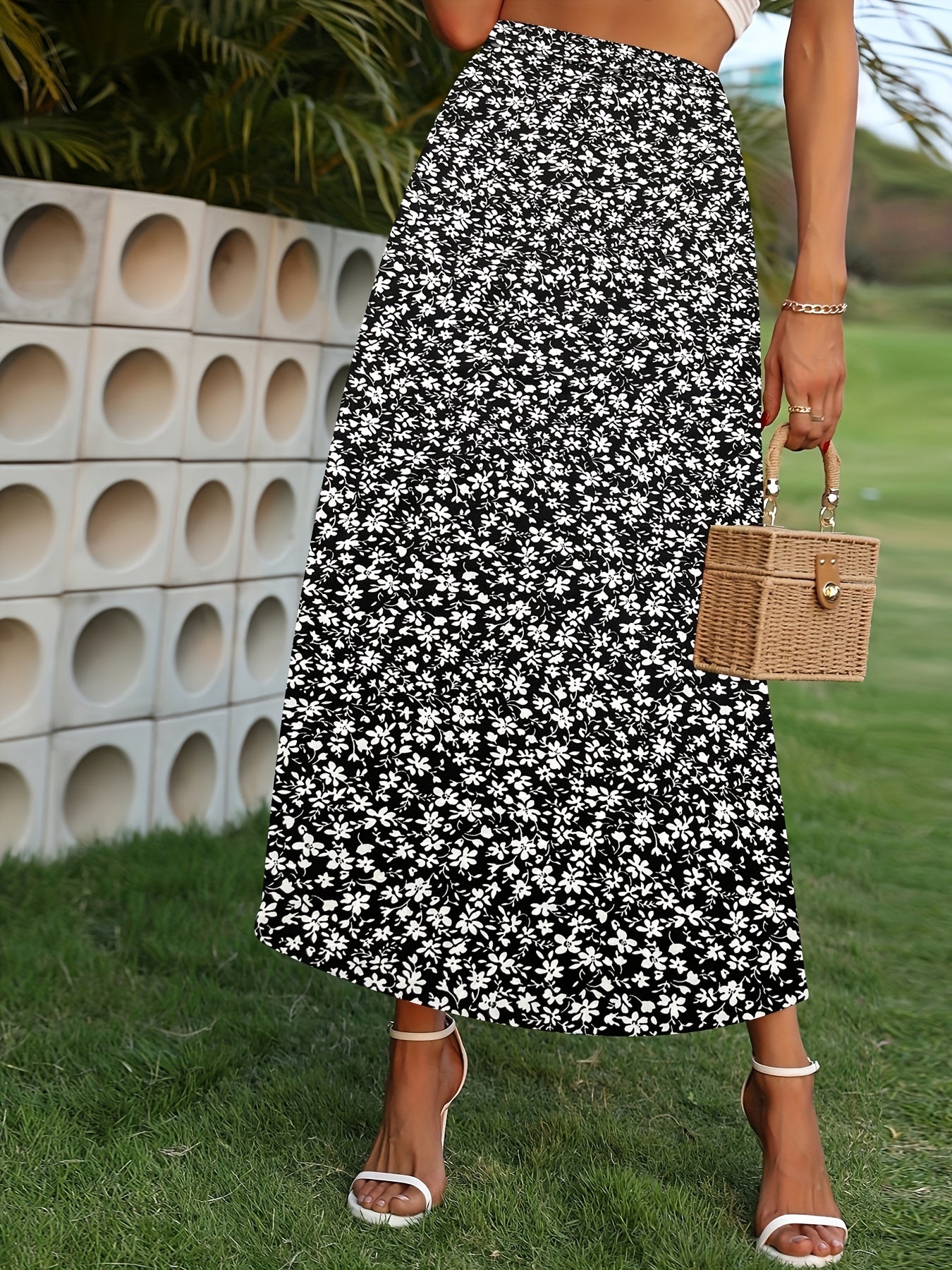 Floral Print High Waist A Line Skirt