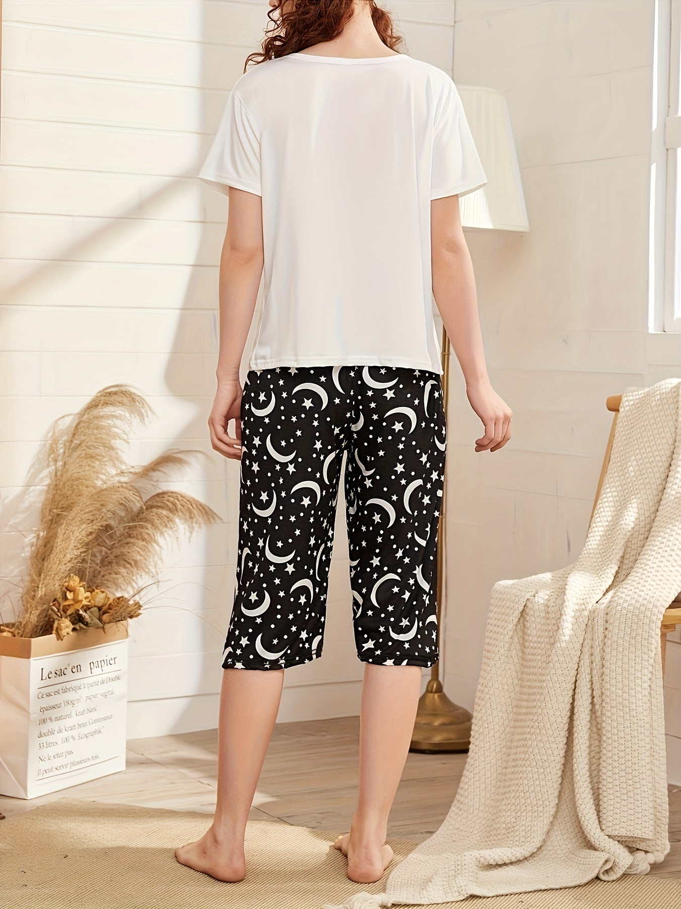 Letter Print Lounge Set Short Sleeve Crew Neck Top & Elastic Waistband Shorts