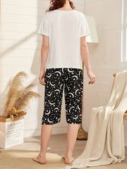 Letter Print Lounge Set Short Sleeve Crew Neck Top & Elastic Waistband Shorts