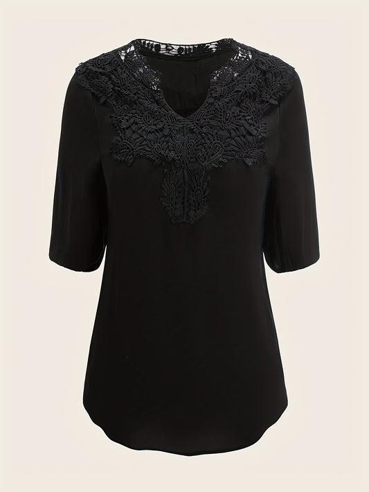  Casual Blouse Women's Plus Solid Contrast Lace Half Sleeve Top