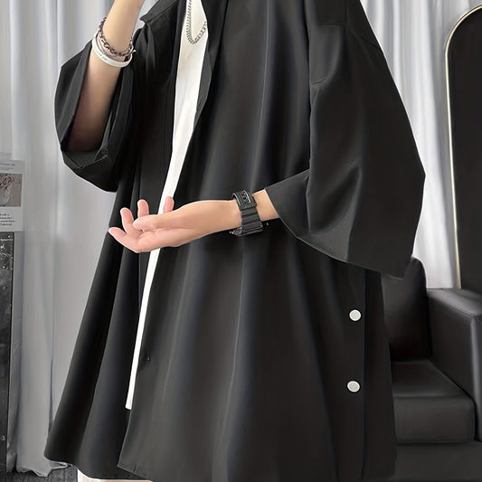 Men's Casual Shirt with Side Slit and 3/4 Sleeves Regular Fit Solid Male Top