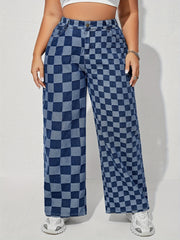 Checkboard Print High Waist Wide Leg Jeans