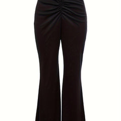  Solid Ruched Flared Leg Trousers