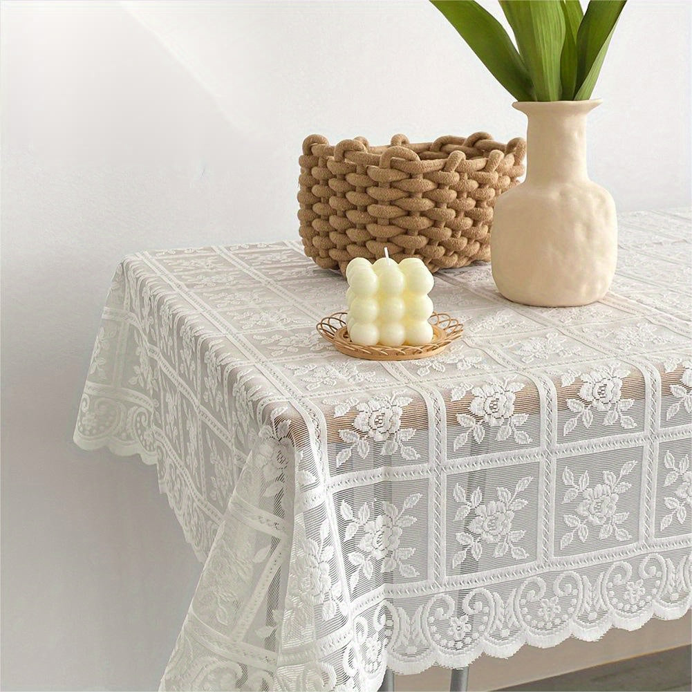 Bright Silk Tablecloth with Beige Lace Accents - Small Dining Table Cover