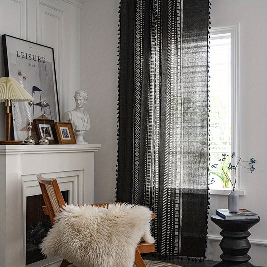 Geometric Printed Tassel Rod Pocket Curtain Cotton Linen Kitchen Bay Window