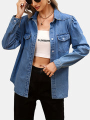 Long Sleeves Denim Top Flap Pockets Single Breasted Button Lapel