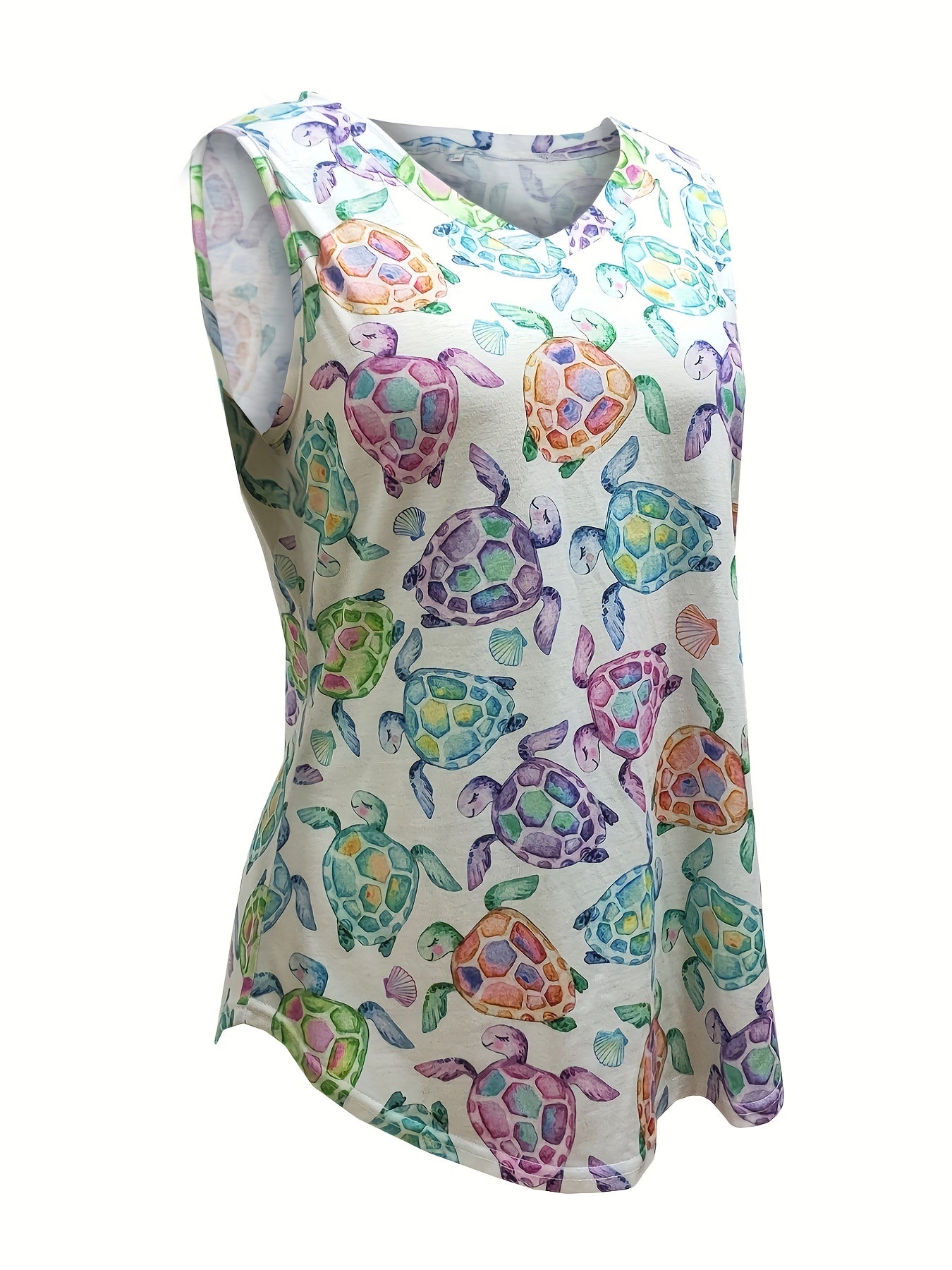 Colorful Turtle Print V-Neck Tank Top - Plus Size