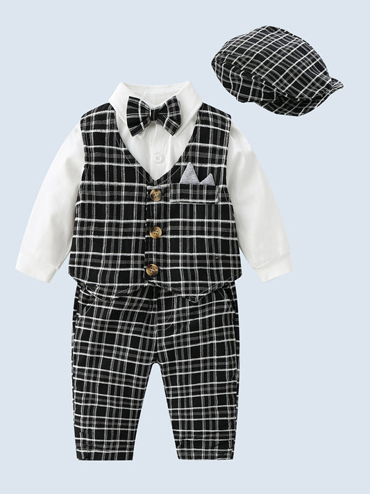 Baby Boys Gentleman Outfit Button Down Shirt Romper & Plaid Pants