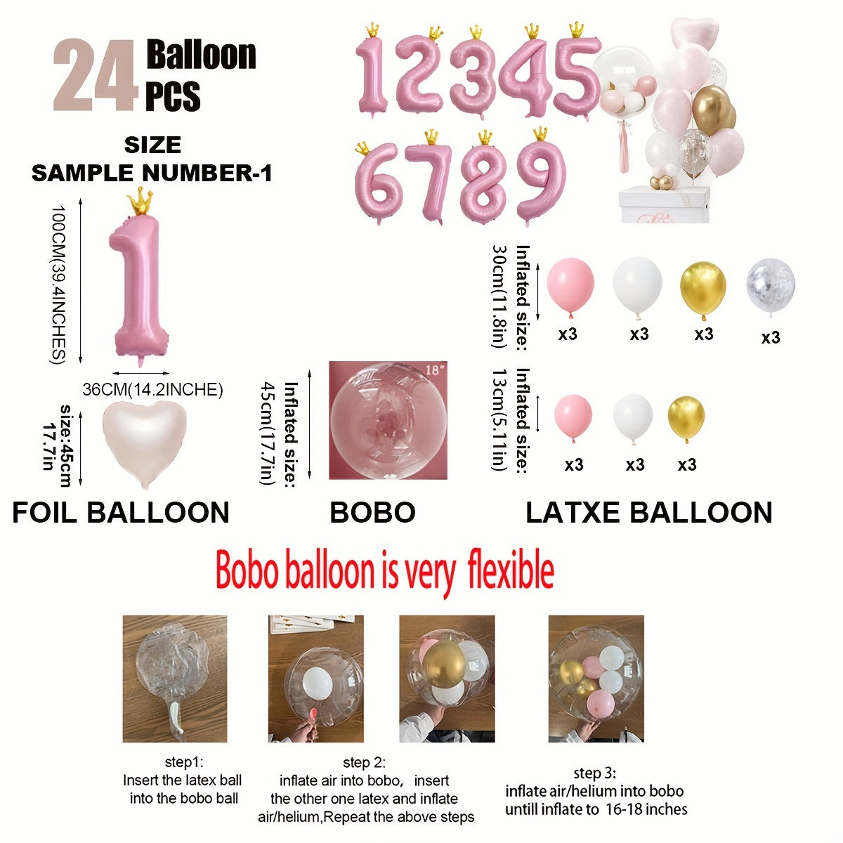 24pcs Crown Number Latex Balloon Set Birthday Party Decor Supplies