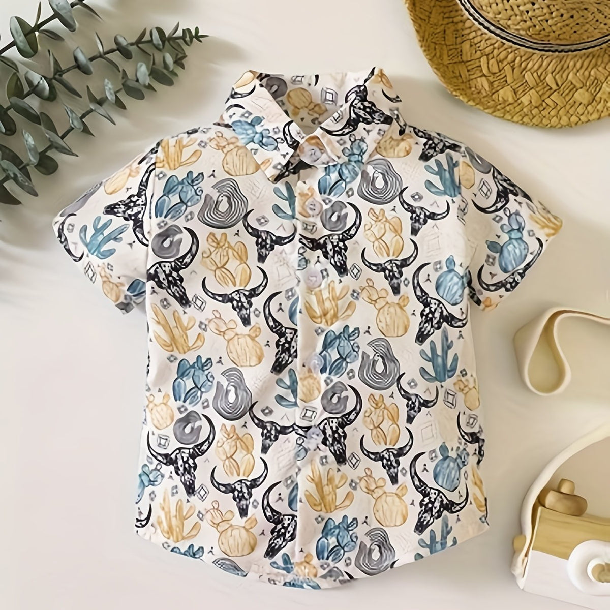Western Cow Head Short Sleeved Shirt for Boys