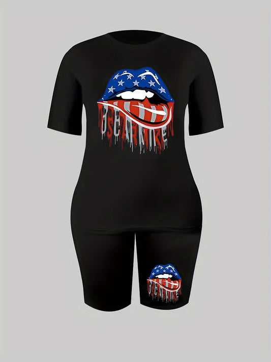 Women's Plus Flag Lip Print Crew Neck Short Sleeve Top & Shorts Outfit Set