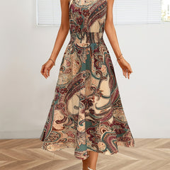 Paisley Print Sleeveless Shirred Dress Boho Resort Wear Drawstring Dress