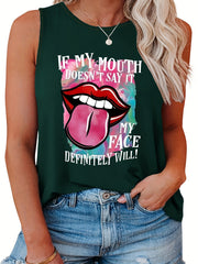  Casual Tank Top Women's Plus Slogan & Lip Print Round Neck Tank Top