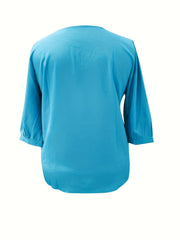  Solid 3/4 Sleeve Mock Neck Blouse
