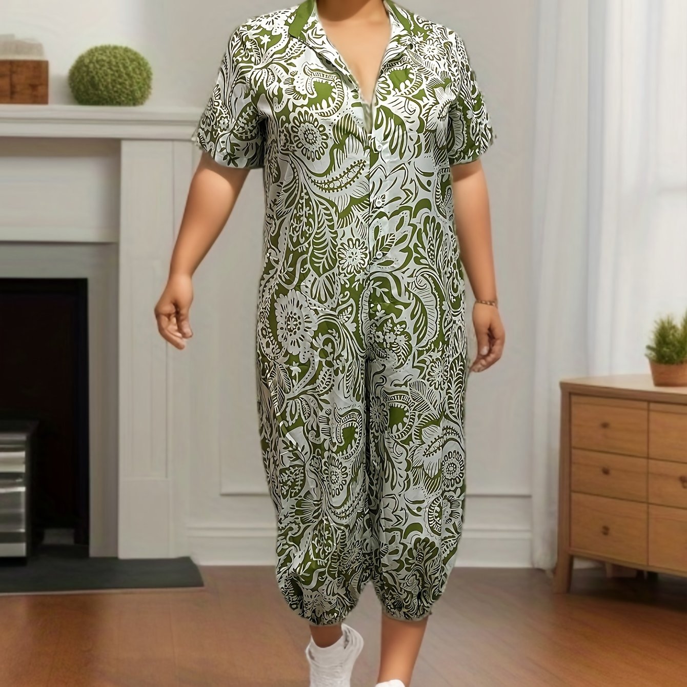  Floral Print Button Up Short Sleeve Jumpsuit