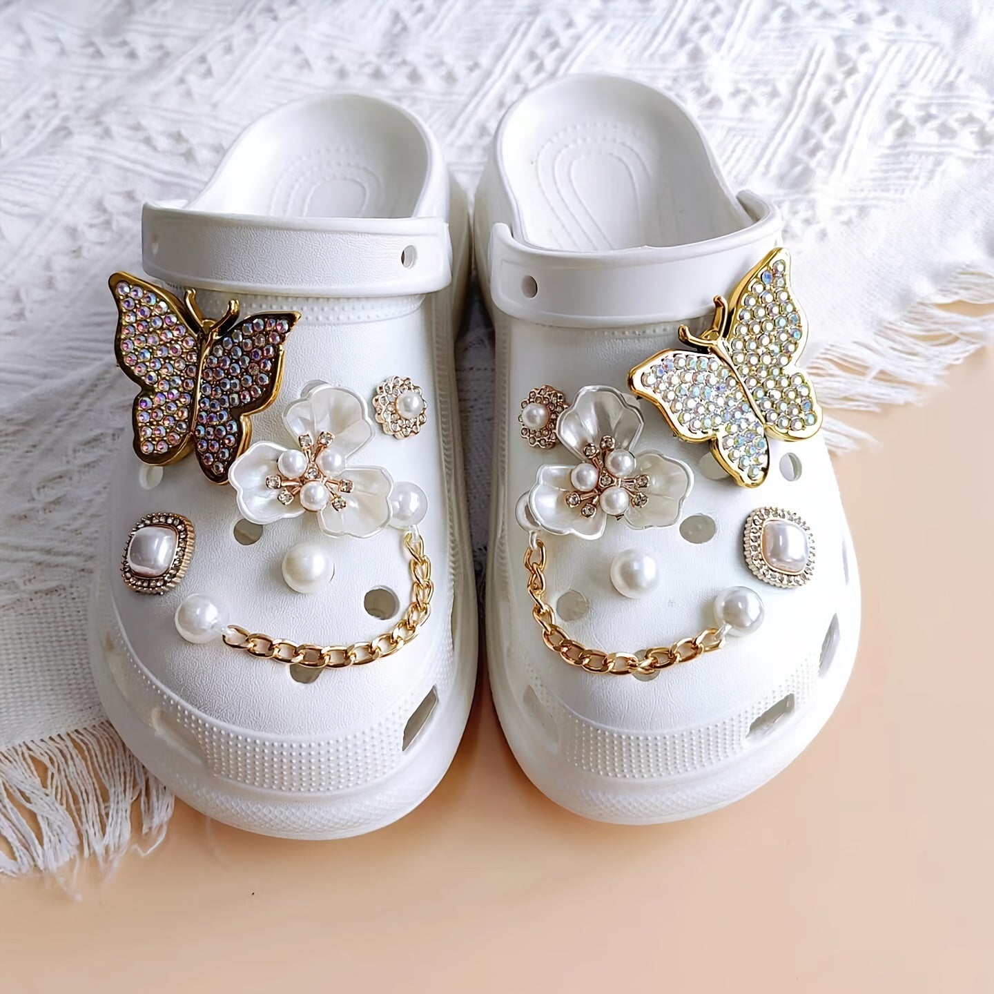 12pcs Golden Shoe Decorative Accessories Set with Rhinestone Diamond Pearl Chain