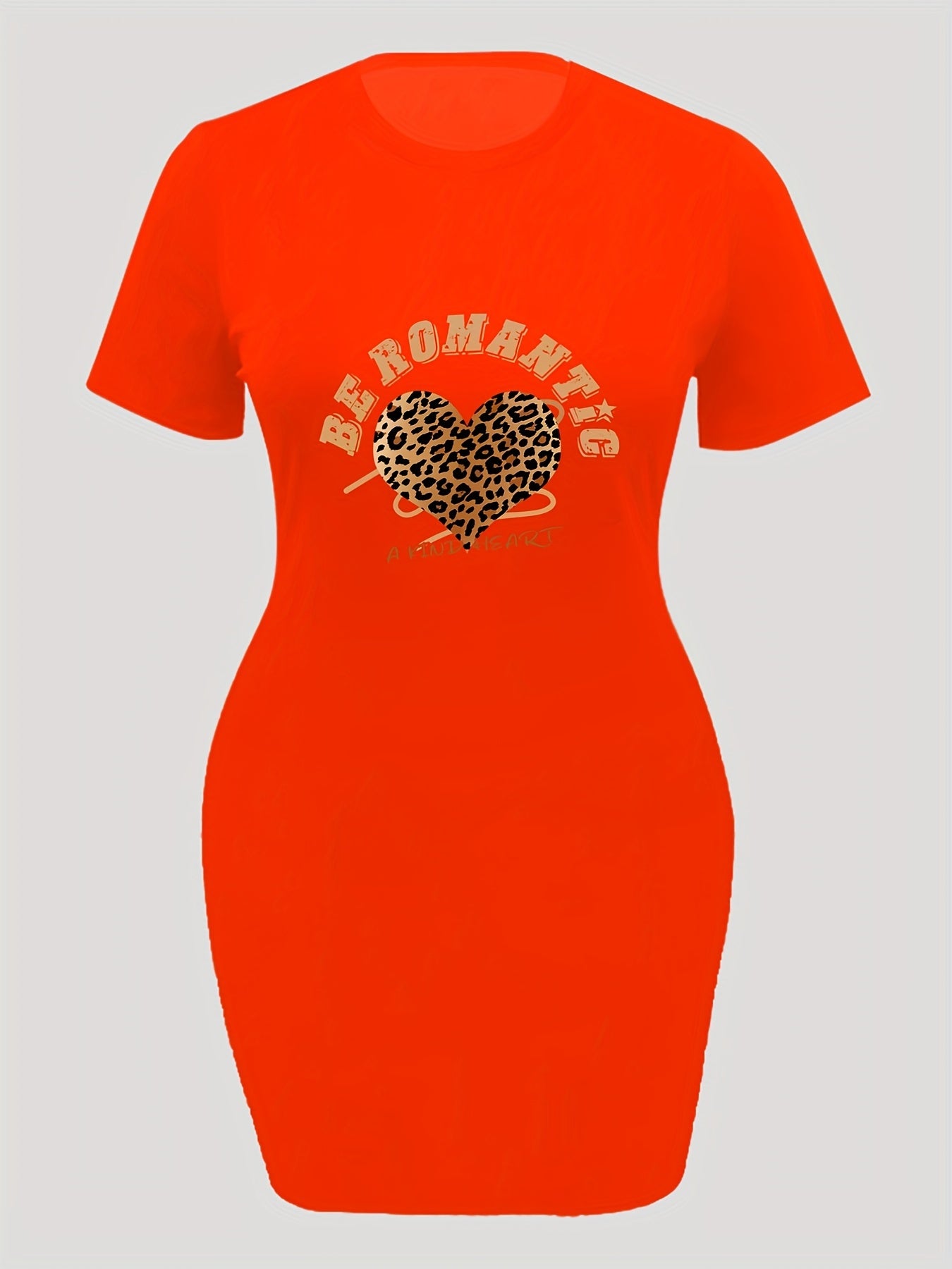  Leopard Heart & Slogan Print Dress Short Sleeve Round Neck