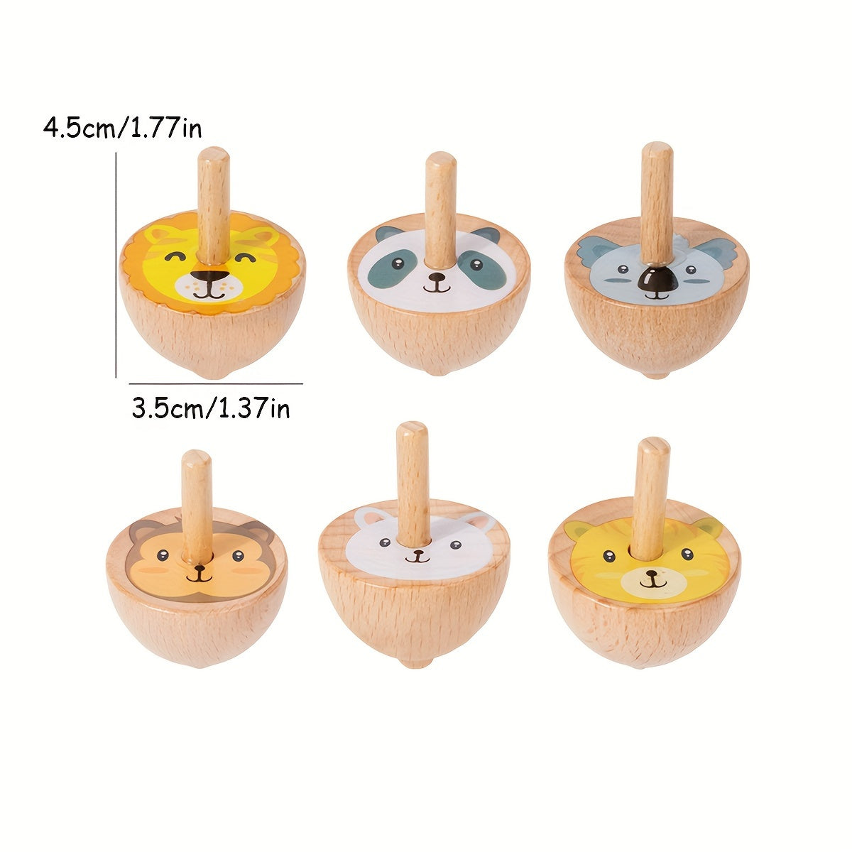 6pcs Wooden Spinning Top Toys Cartoon Fruit Animal Theme Patterns Classic Game
